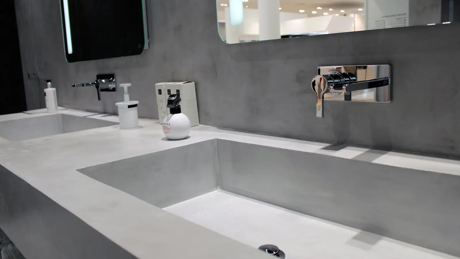 Grey double basin with wall-mounted taps