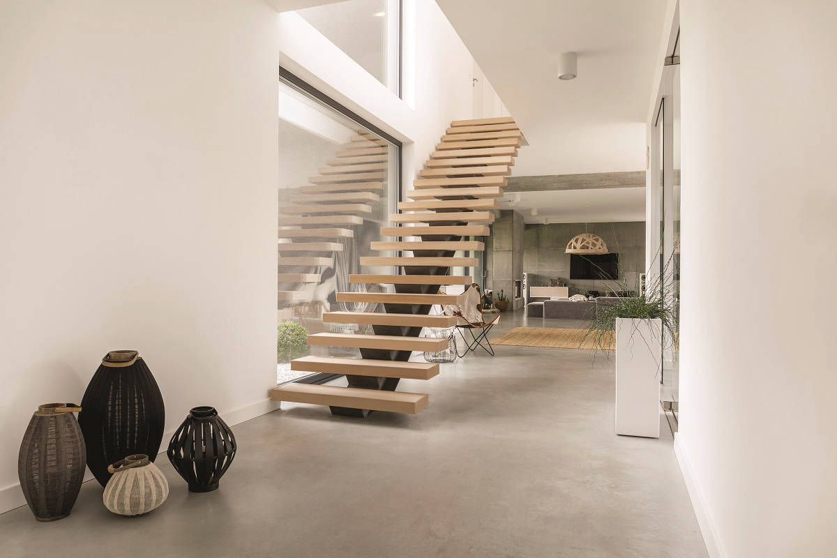 Concrete-look staircase and living room surfaces
