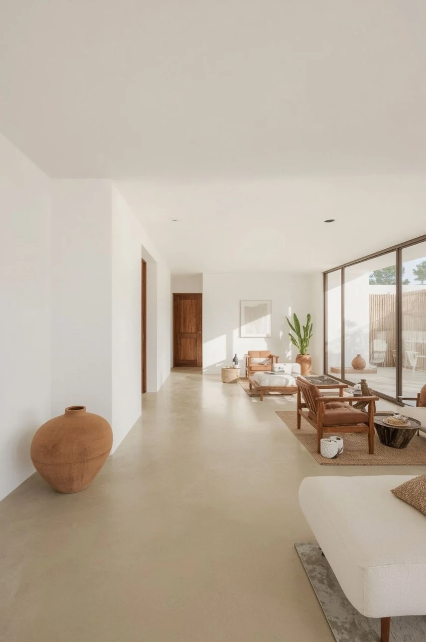 Villa interior with light-coloured Cementare microcement flooring