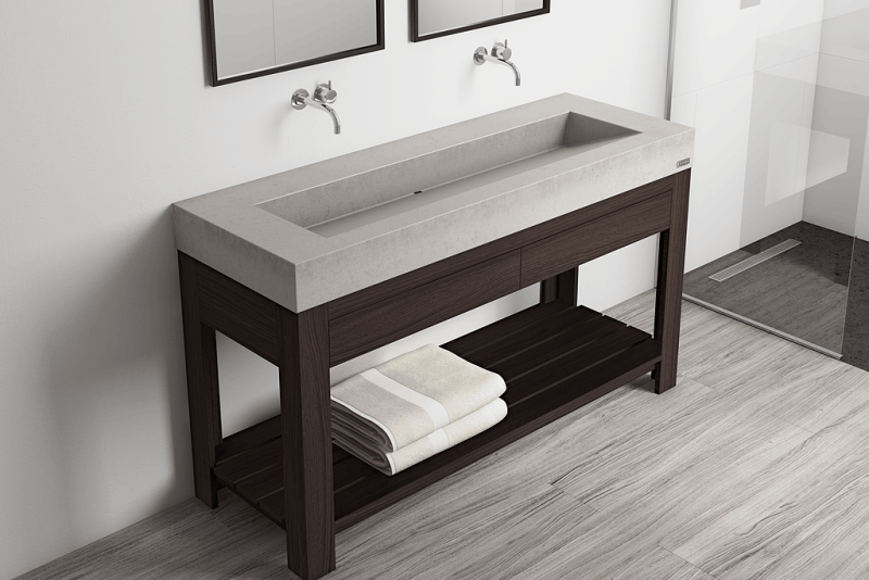 Long light grey basin on a timber support