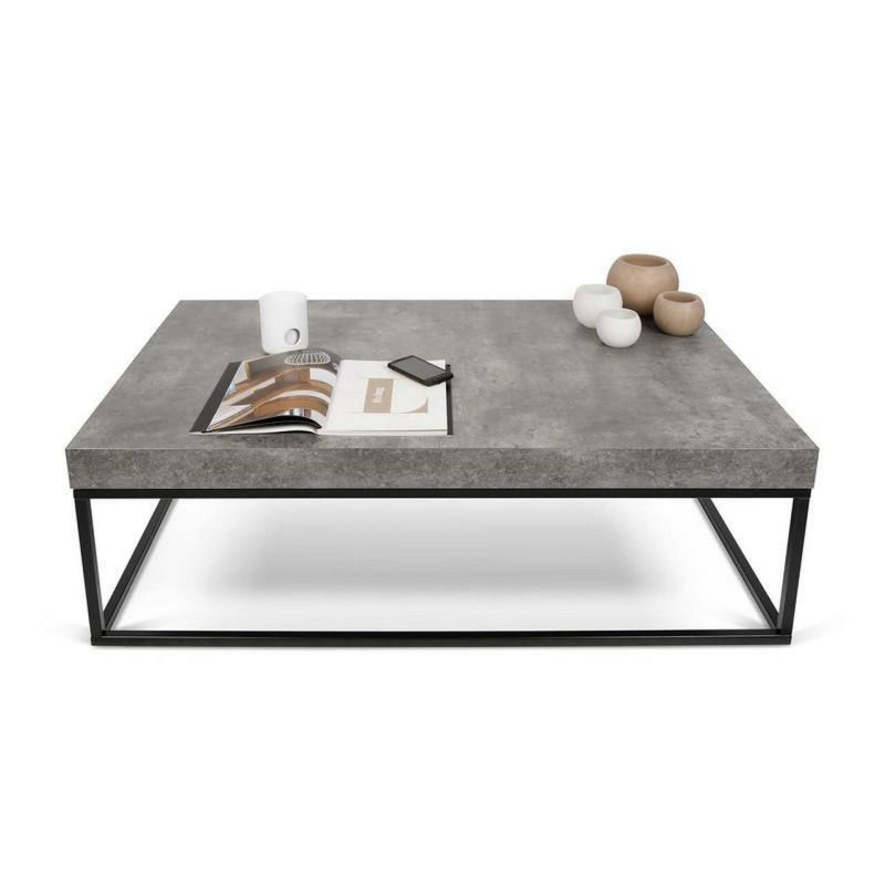 Rectangular grey coffee table with a black metal frame