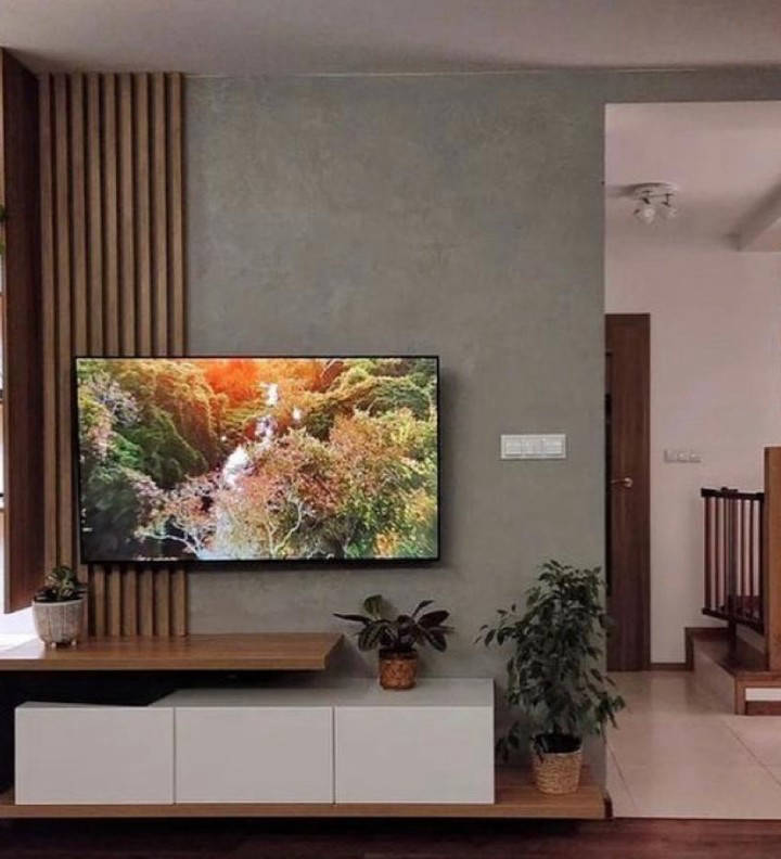 Decorative wall surface behind a television unit