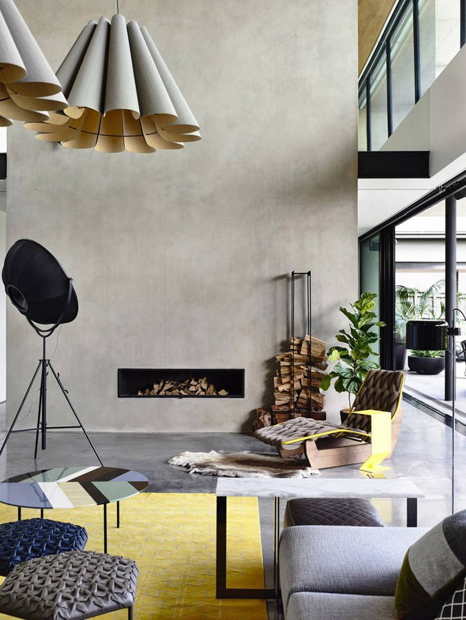 Mineral surface in a high-ceilinged living area